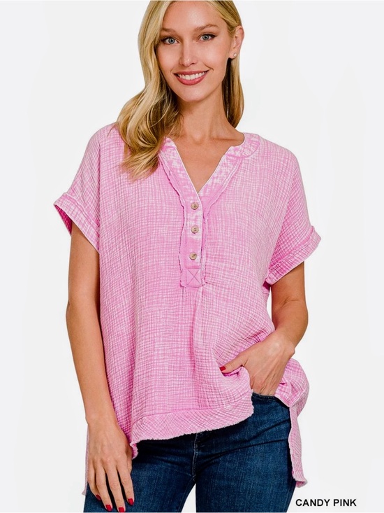 Zenana Outfitters Tops - Zenana Gauze Henley Top. NWT.